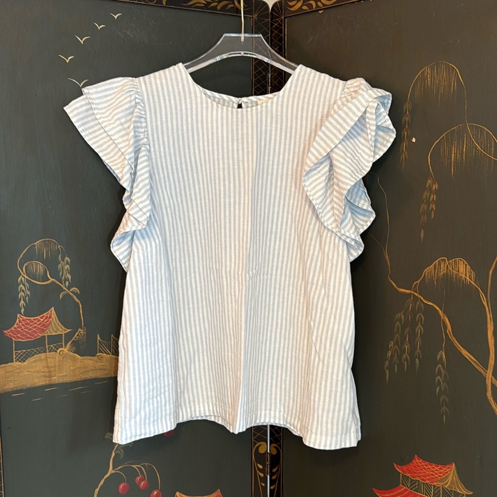 A New Day blue and white striped ruffle sleeve blouse size large